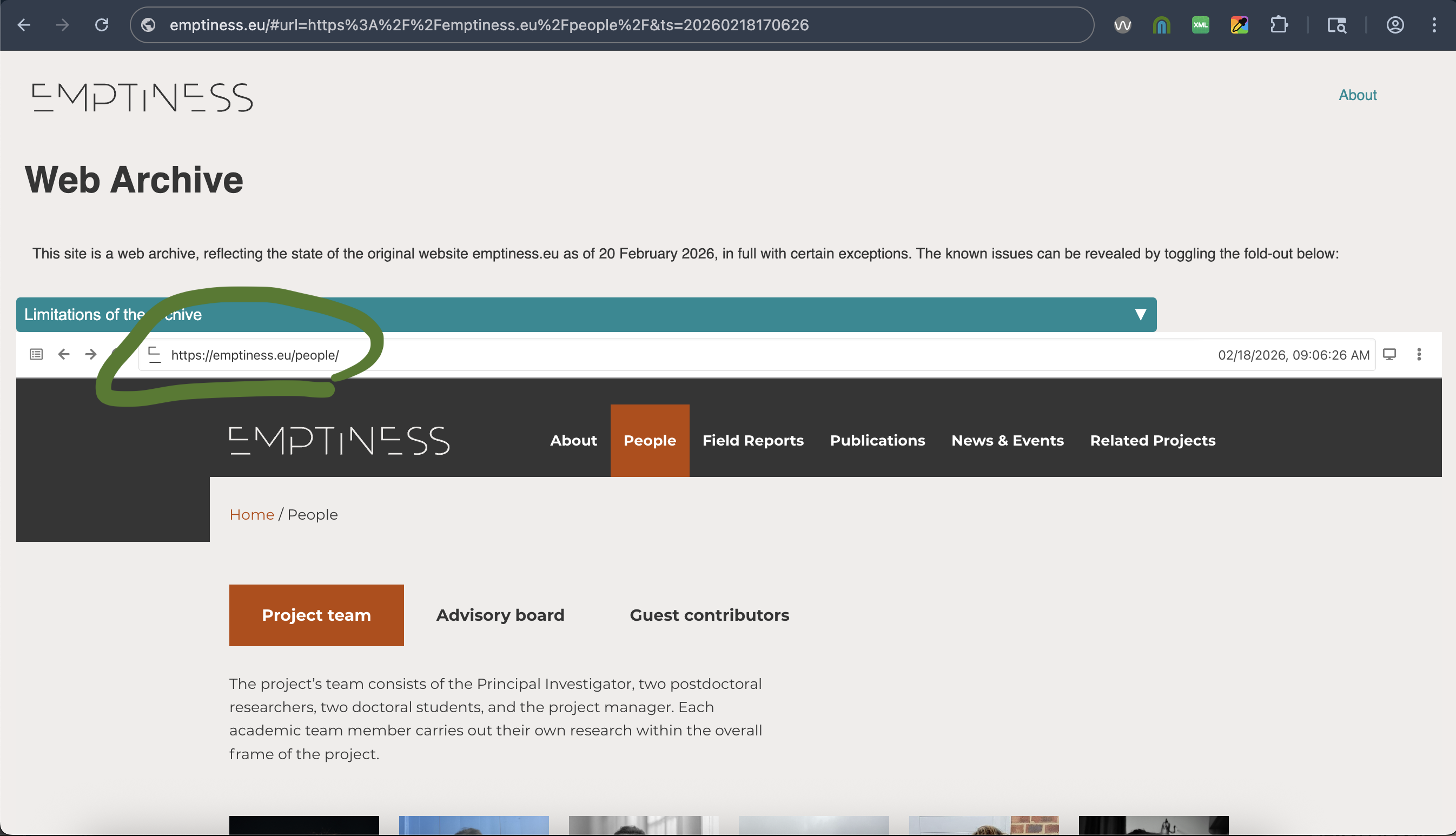 screenshot of web archive page with the embedded adreess bar circled