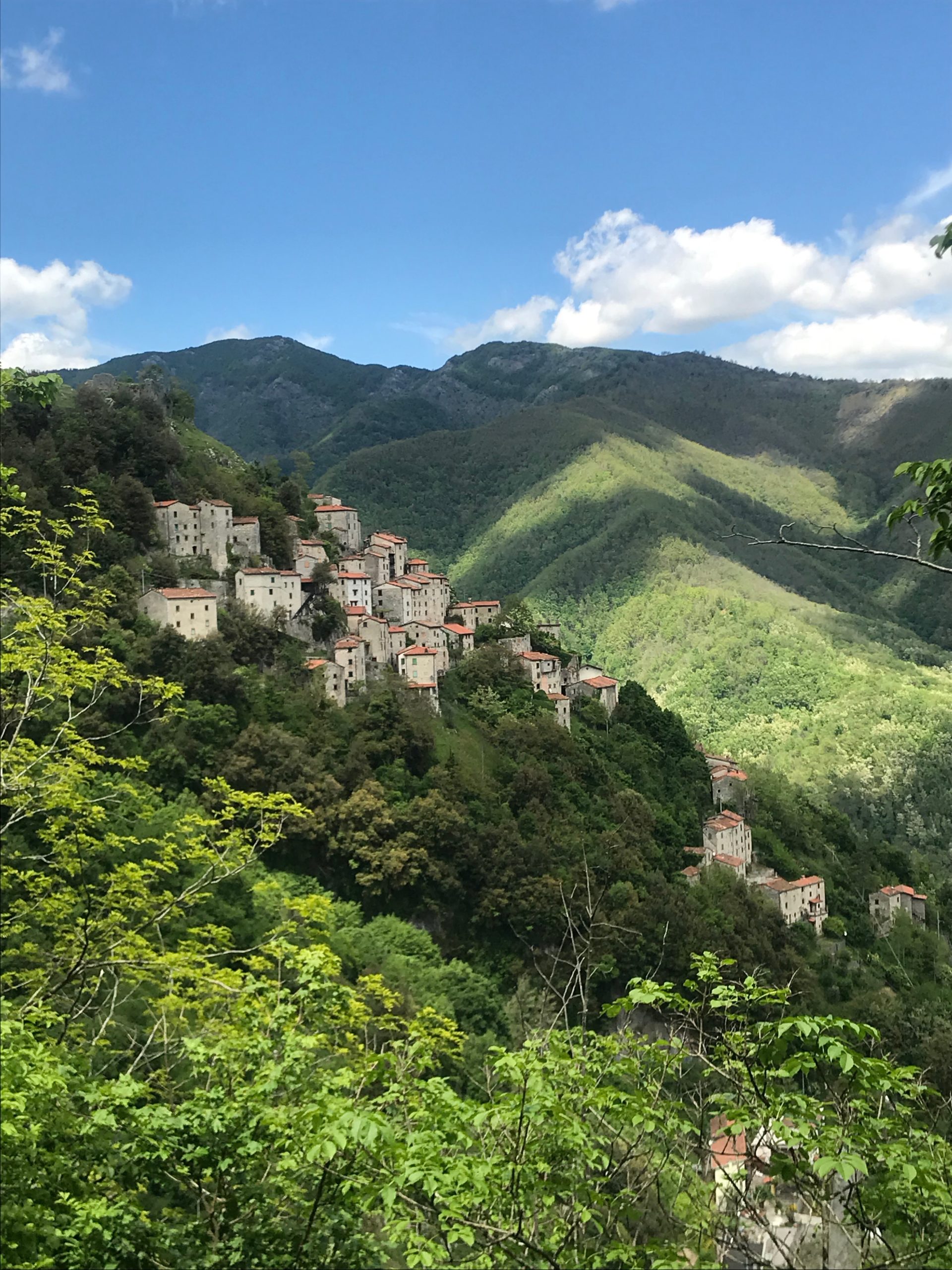 A photo of an abandoned village of several white buildings with orange roofs set on a lush, green mountain slope