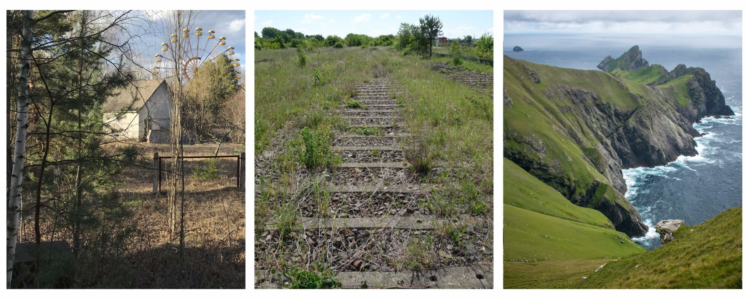 Three photos side-by-side: On the left is a white, pitched-roof house in the mid-ground, behind a few alpine trees, with a water wheel rising behind it. In the centre, abandoned railway tracks overgrown with grass and shrubs merge into an empty landscape of trees and bushes. On the right is the dramatic, rugged coastline of an island, with green slopes sharply overlooking frothing blue sea.