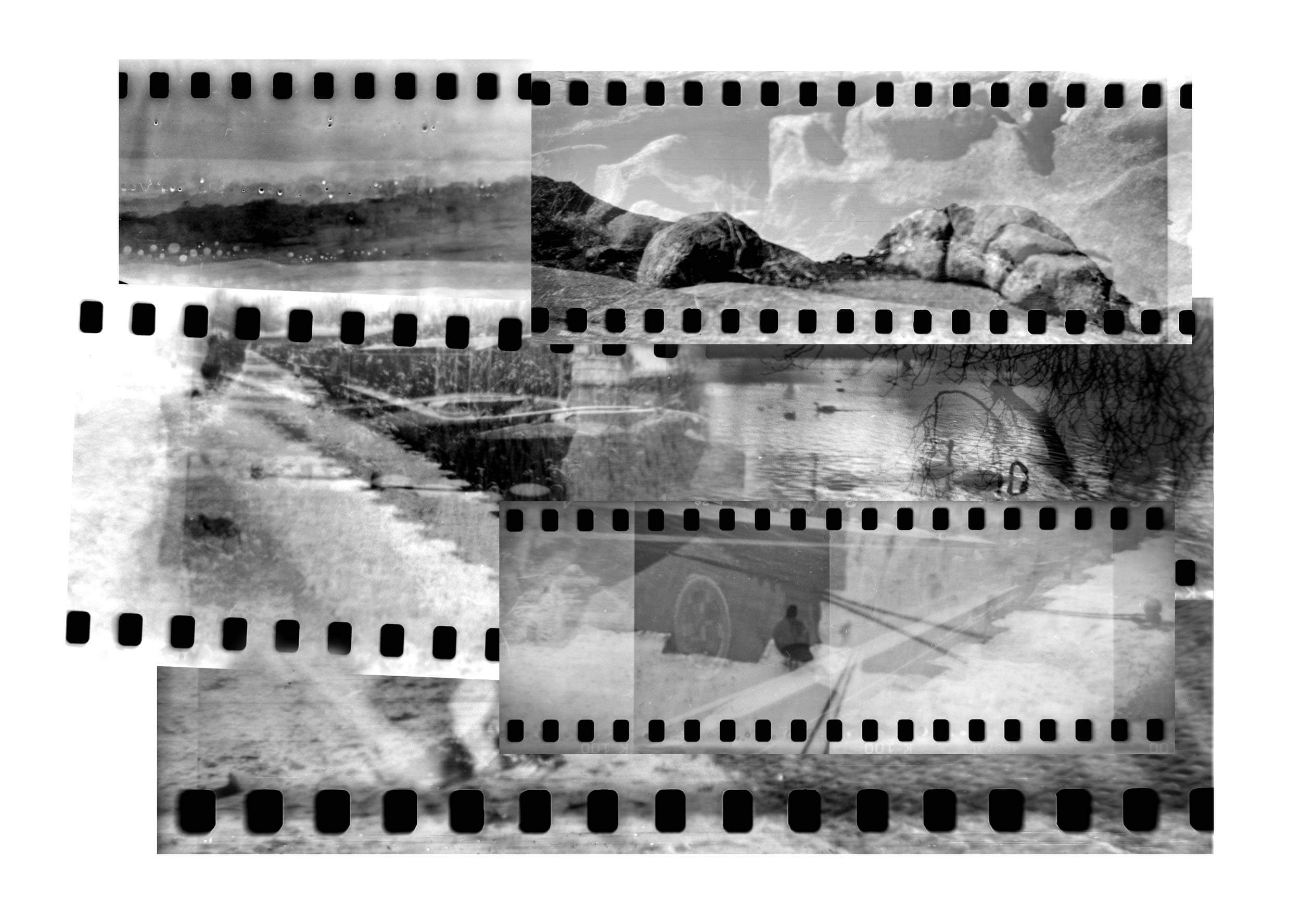 Multiple black and white analogue film strips of natural and man-made landscapes layered over one another