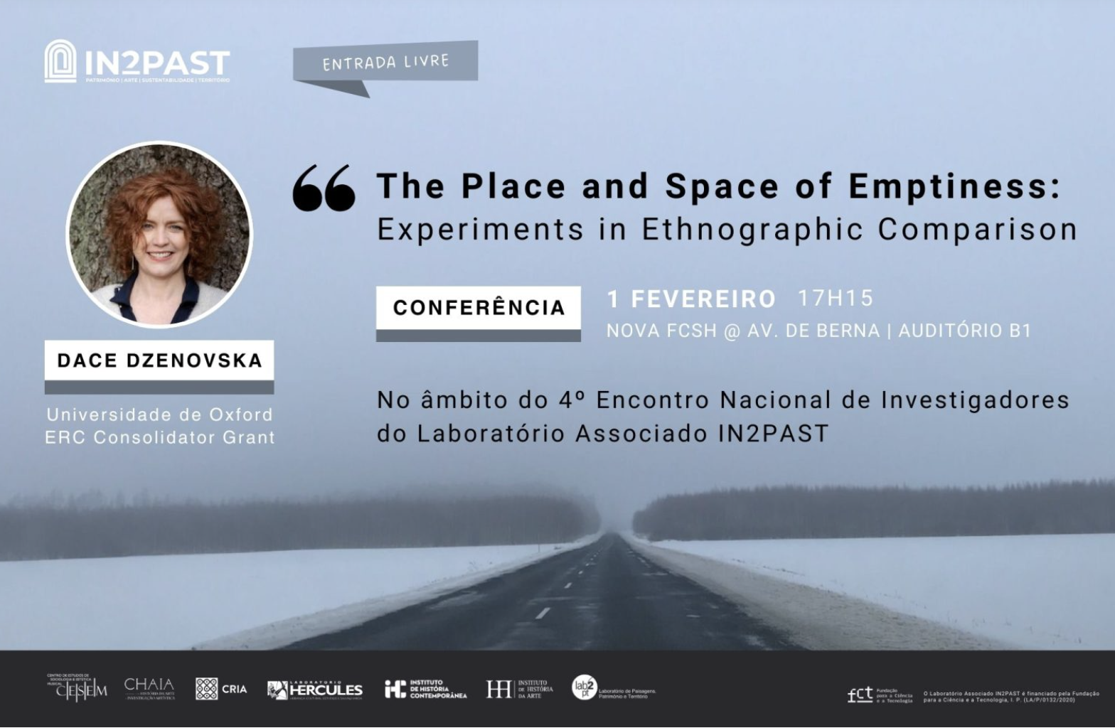 Slide of details of the scheduled talk, against a background of a dark empty road between snow-covered fields